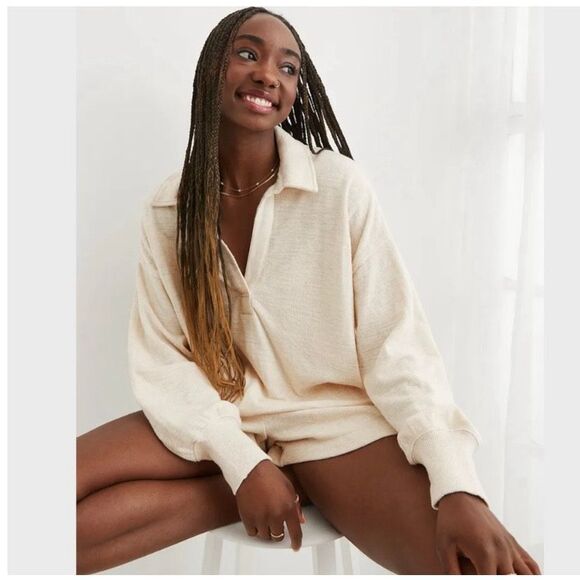 Aerie Endless Summer Polo Cream V-Neck Cropped Sweatshirt Size Small - Picture 1 of 7